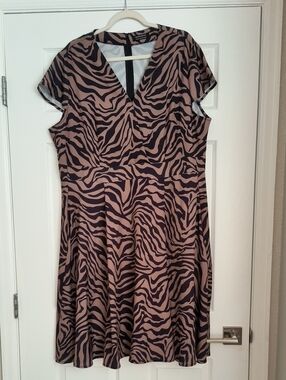 BloomChic Taupe and Black Zebra Print V-Neck Midi Dress